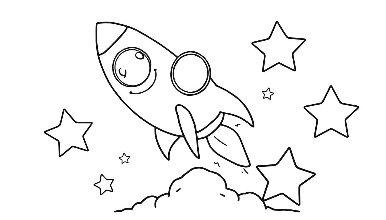 A smiling cartoon rocket ship launching from fluffy clouds, surrounded by stars on a black and white color panel.