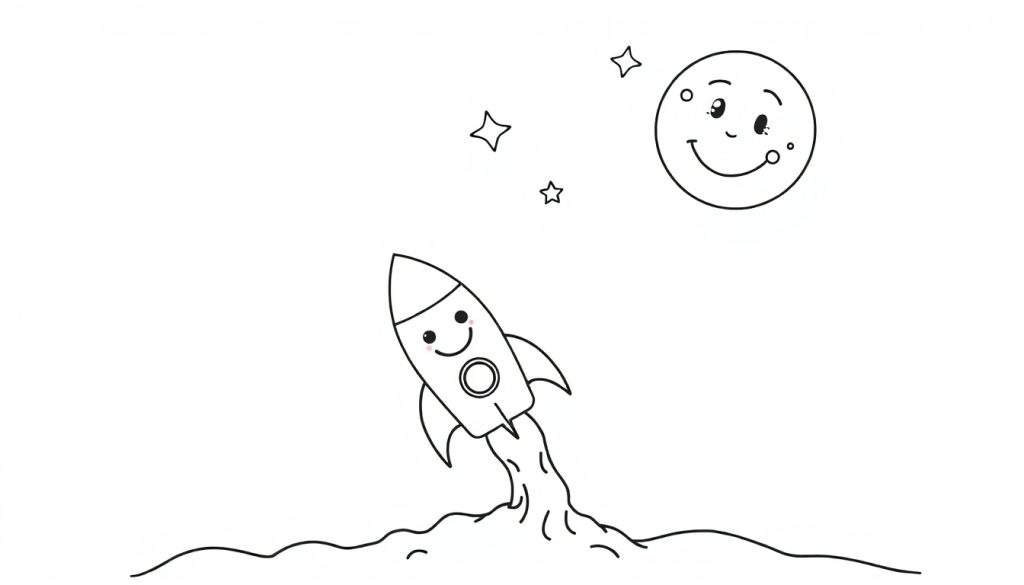 A friendly black and white cartoon rocket with a smiling face blasts off into space, leaving colorful flames. Three simple stars and a happy moon are visible in the sky. This black and white color panel is ready for little artists to add their own colors.
