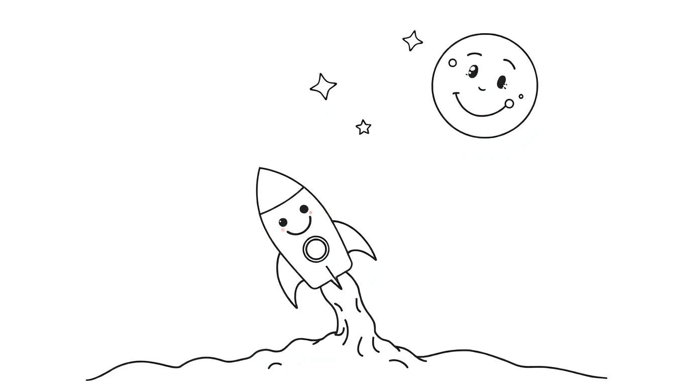 A friendly black and white cartoon rocket with a smiling face blasts off into space, leaving colorful flames. Three simple stars and a happy moon are visible in the sky. This black and white color panel is ready for little artists to add their own colors.