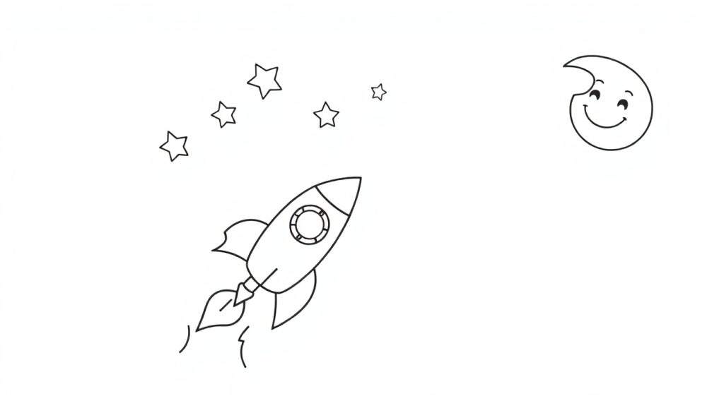 A black and white color panel showing a rocket with flames, stars, and a smiling moon with a bite taken out.