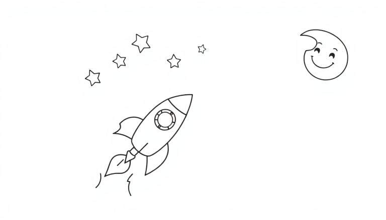 A black and white color panel showing a rocket with flames, stars, and a smiling moon with a bite taken out.