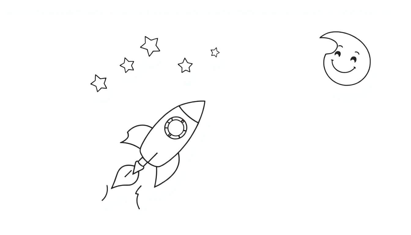 A black and white color panel showing a rocket with flames, stars, and a smiling moon with a bite taken out.