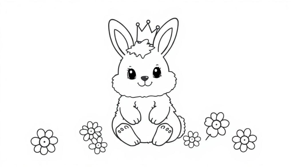 A happy, fluffy bunny wearing a tiny crown, sitting in a field of colorful flowers, ready for coloring.