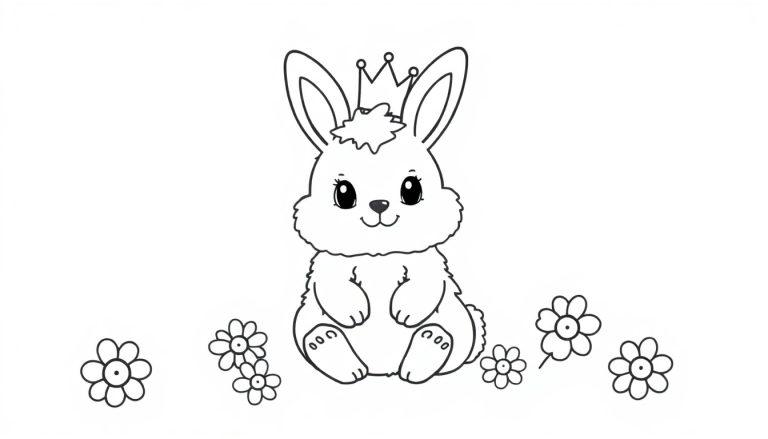 A happy, fluffy bunny wearing a tiny crown, sitting in a field of colorful flowers, ready for coloring.