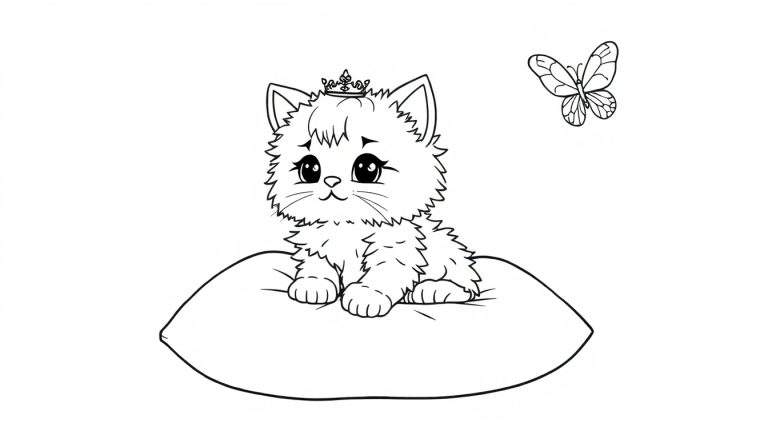 A fluffy kitten wearing a crown sits regally on a soft pillow, ready for coloring.