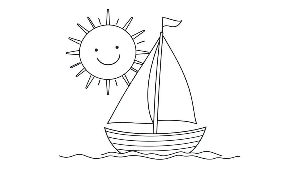 A black and white sailboat ready for coloring on a color panel, with a smiling sun and wavy water.