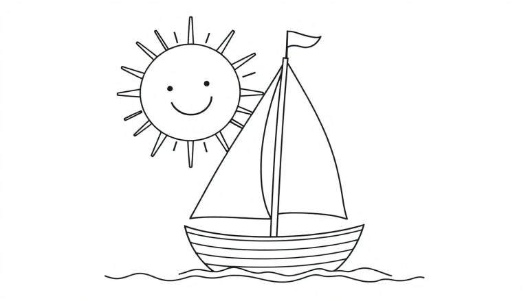 A black and white sailboat ready for coloring on a color panel, with a smiling sun and wavy water.