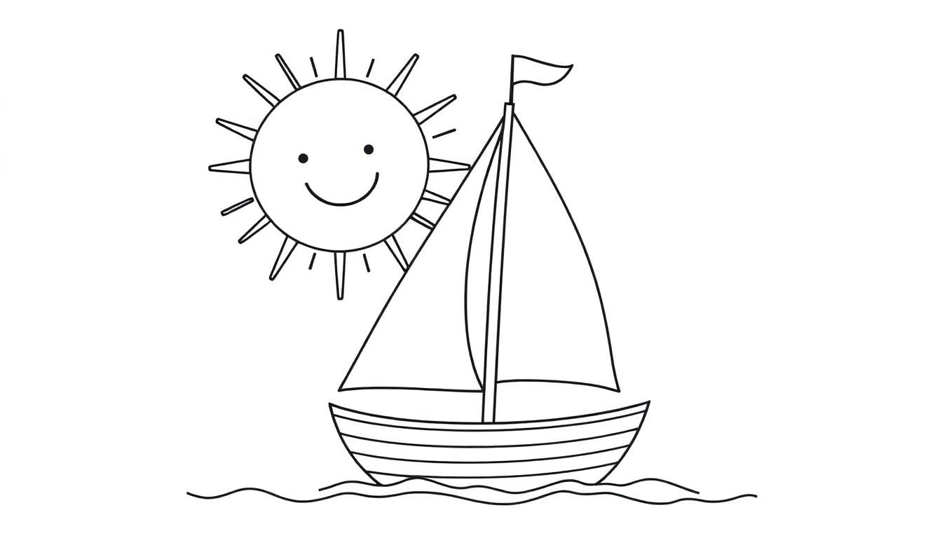 A black and white sailboat ready for coloring on a color panel, with a smiling sun and wavy water.