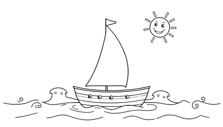 A black and white cartoon sailboat with a happy sun, ready to be colored in this fun color panel.