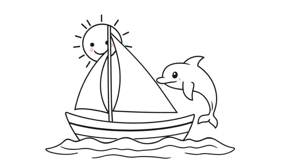 A black and white coloring page featuring a sailboat with a smiling sun and a leaping dolphin. This color panel is perfect for little artists.