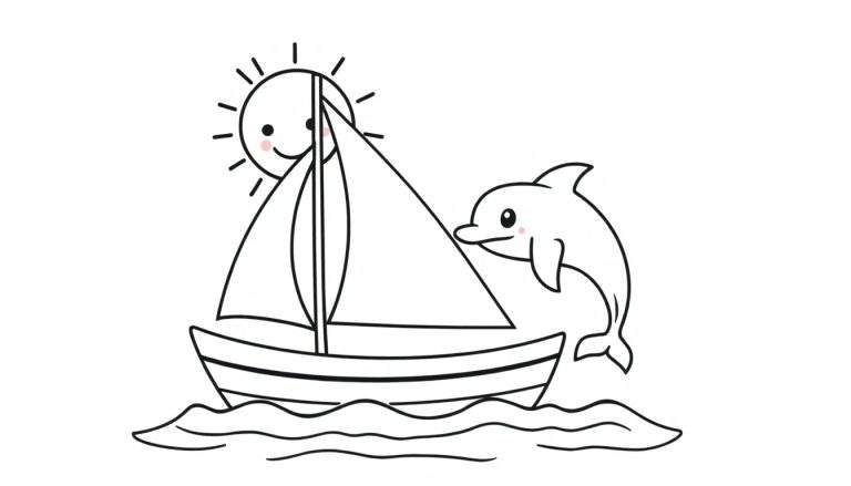 A black and white coloring page featuring a sailboat with a smiling sun and a leaping dolphin. This color panel is perfect for little artists.