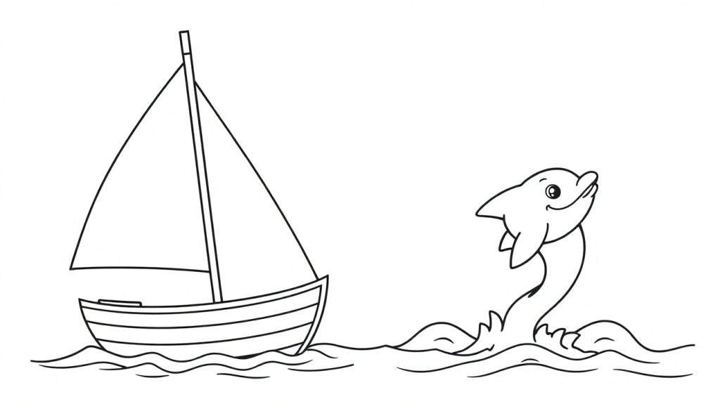 A black and white cartoon of a sailboat and a friendly sea monster, part of a color panel.