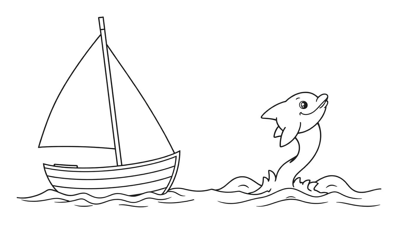 A black and white cartoon of a sailboat and a friendly sea monster, part of a color panel.