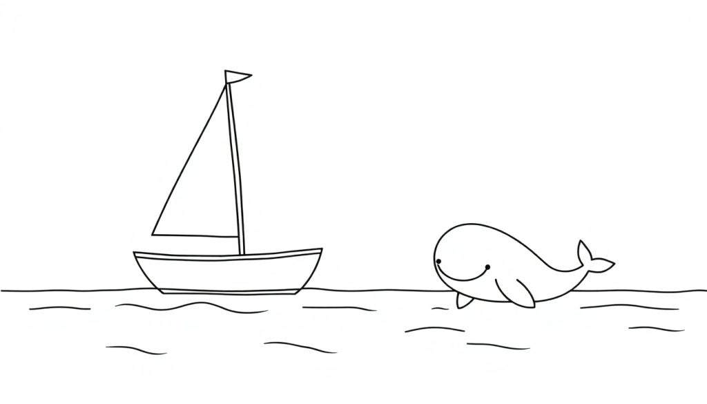 A cute cartoon sailboat with a happy whale nearby, ready to be colored. Black and white color panel.