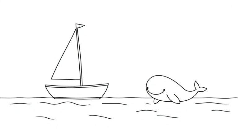 A cute cartoon sailboat with a happy whale nearby, ready to be colored. Black and white color panel.