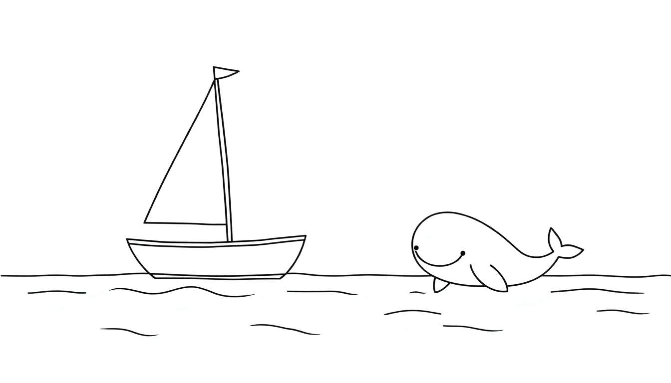 A cute cartoon sailboat with a happy whale nearby, ready to be colored. Black and white color panel.