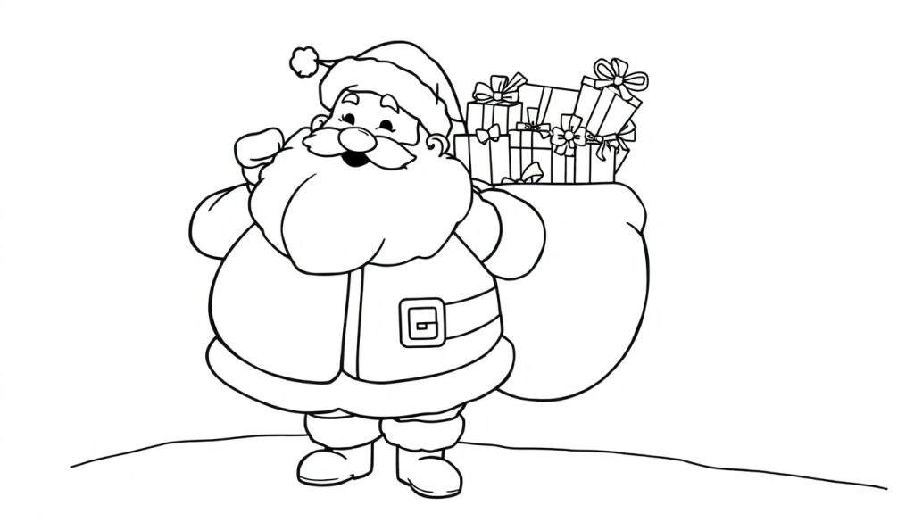 Santa Claus coloring panel with a sack of presents.
