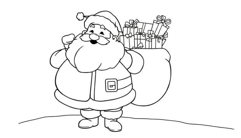 Santa Claus coloring panel with a sack of presents.
