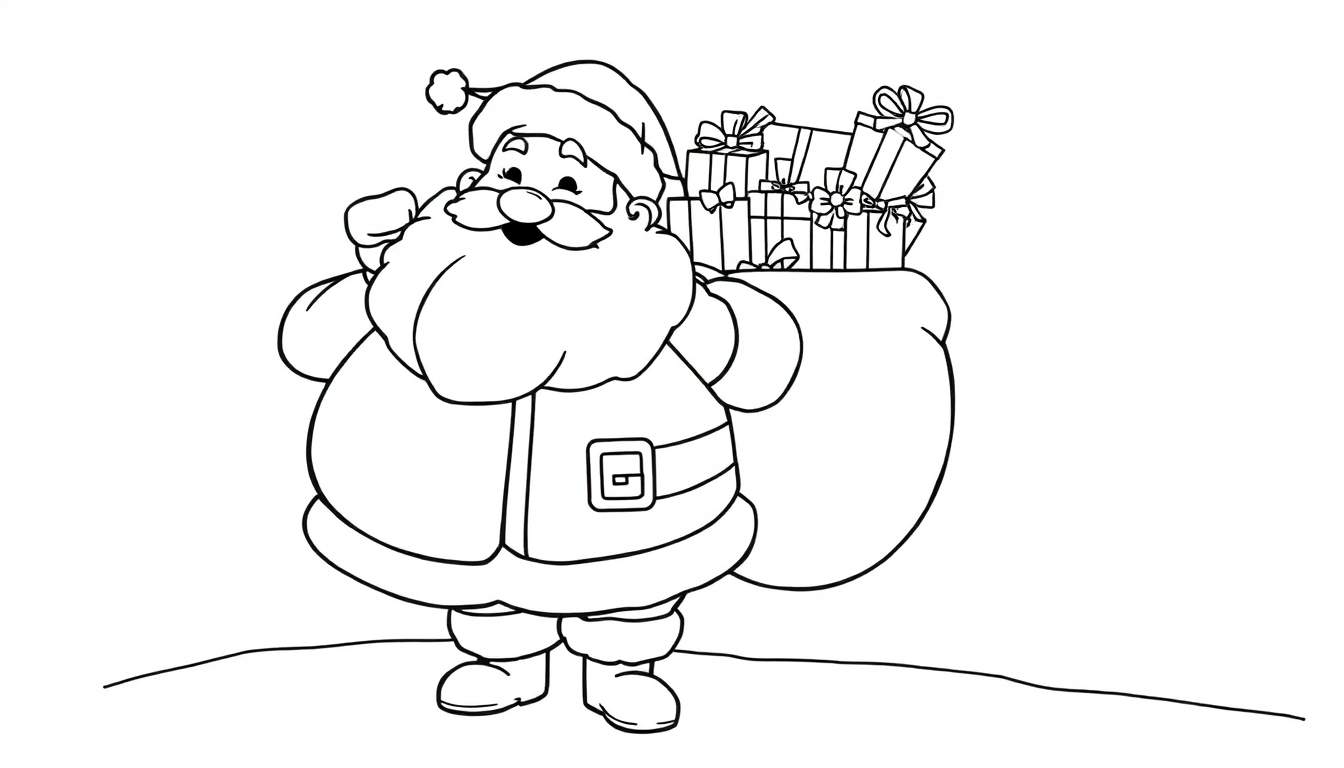Santa Claus coloring panel with a sack of presents.