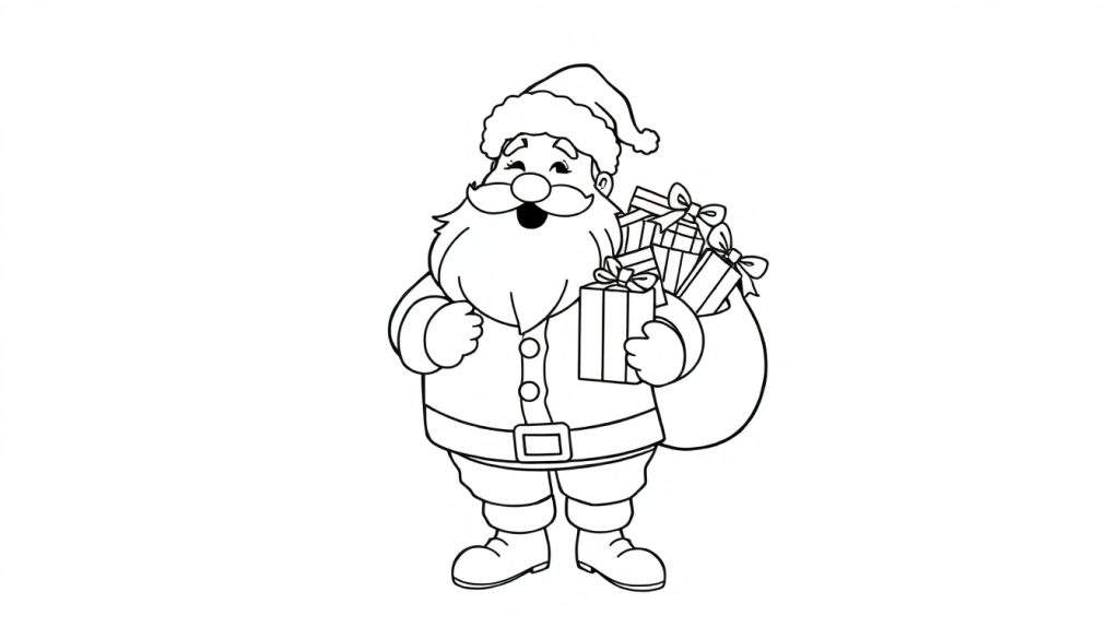 A jolly Santa Claus outline drawing, ready for coloring, with a sack full of presents. Black and white color panel.