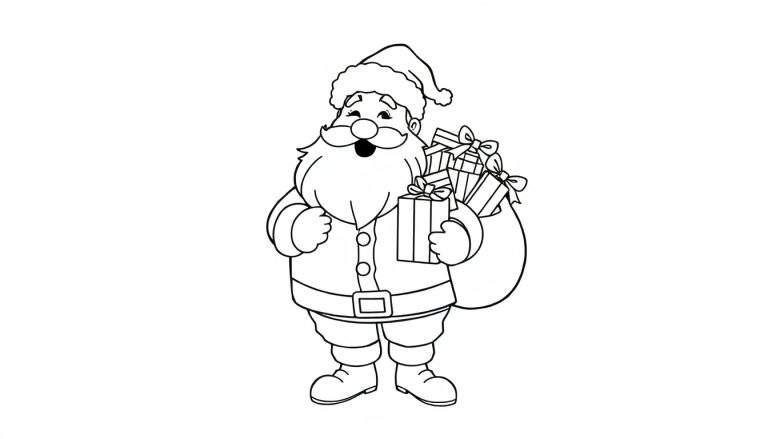 A jolly Santa Claus outline drawing, ready for coloring, with a sack full of presents. Black and white color panel.