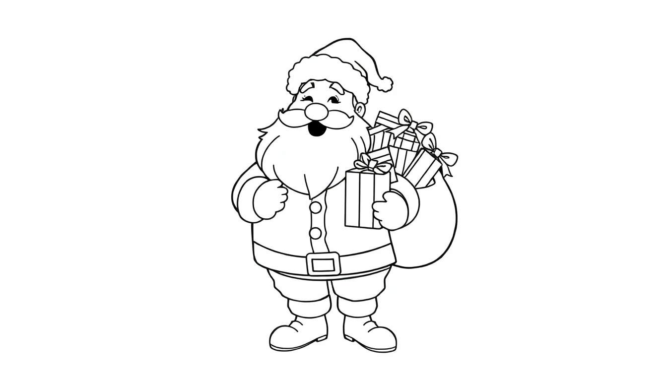 A jolly Santa Claus outline drawing, ready for coloring, with a sack full of presents. Black and white color panel.