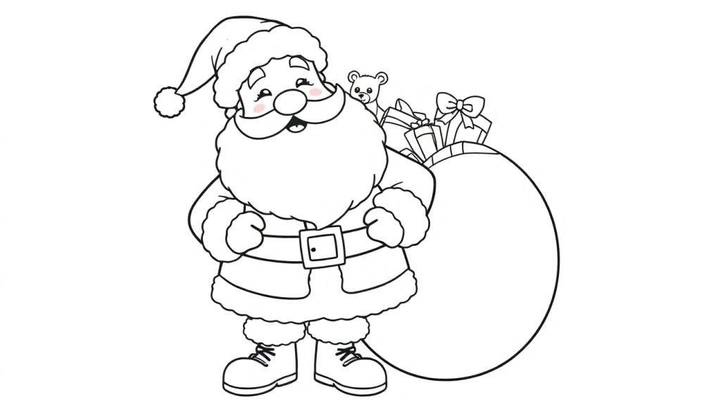 A jolly Santa Claus, ready for Christmas, with a sack full of toys and presents, in a black and white color panel.
