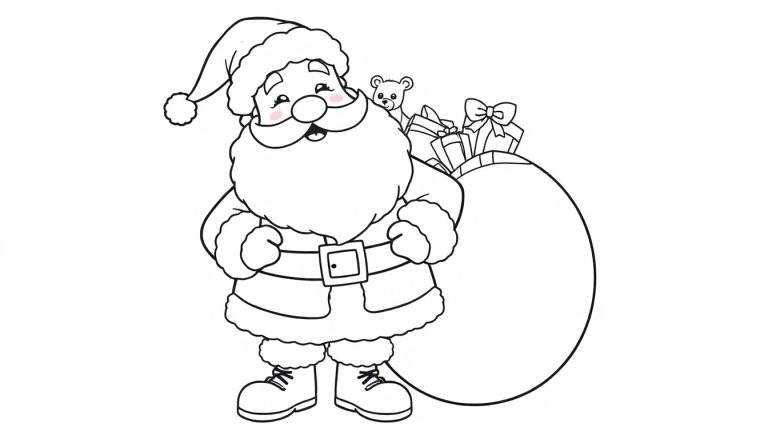 A jolly Santa Claus, ready for Christmas, with a sack full of toys and presents, in a black and white color panel.