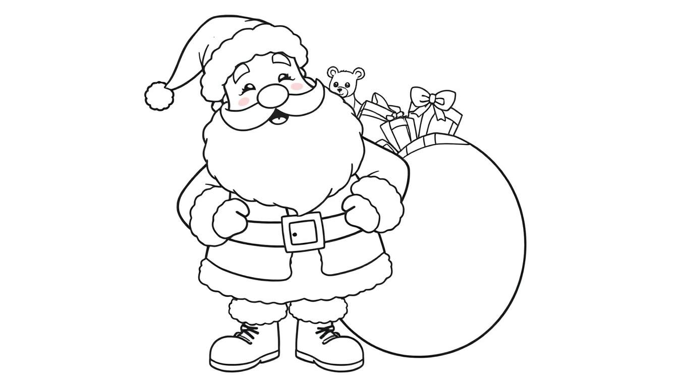 A jolly Santa Claus, ready for Christmas, with a sack full of toys and presents, in a black and white color panel.