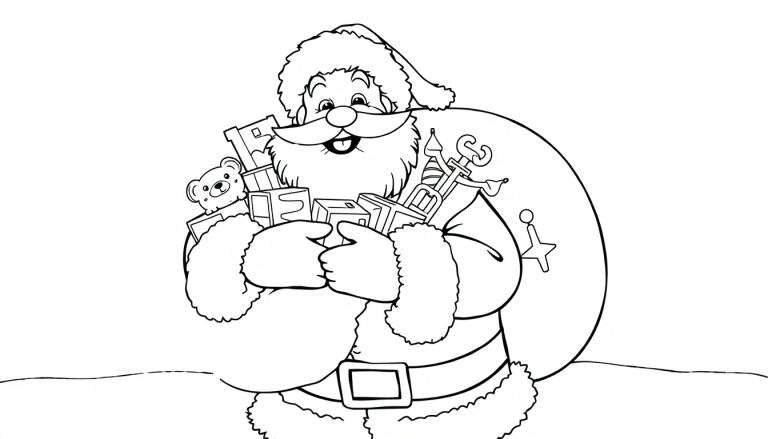 A black and white color panel of Santa Claus smiling, holding toys and a sack, on a snowy ground.