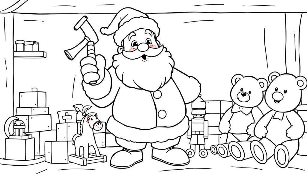 Santa Claus in his workshop, a black and white coloring panel with toys.