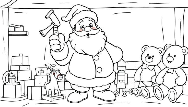 Santa Claus in his workshop, a black and white coloring panel with toys.