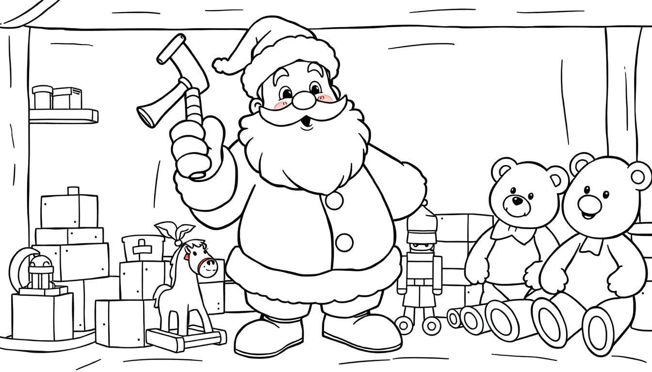 Santa Claus in his workshop, a black and white coloring panel with toys.