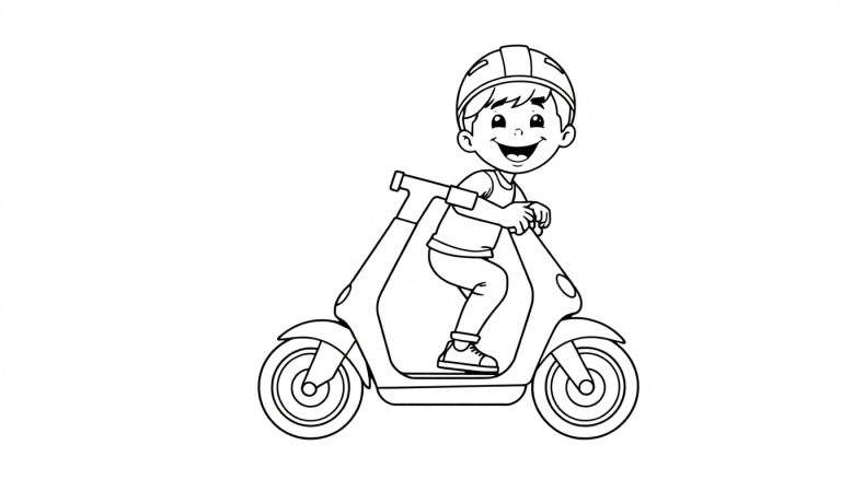A happy boy on a scooter, ready for a coloring adventure on this color panel!