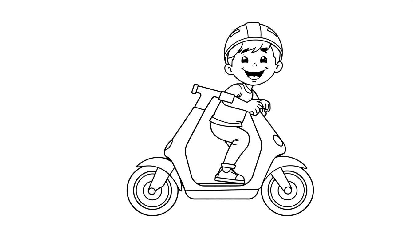 A happy boy on a scooter, ready for a coloring adventure on this color panel!