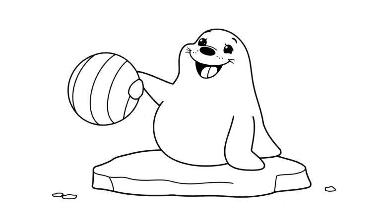 A cartoon seal balancing a ball on its nose on an ice floe, ready for coloring panel.