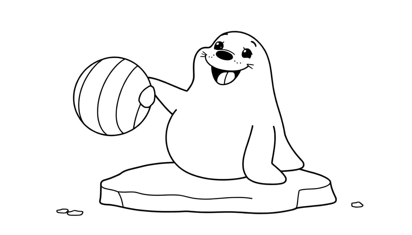 A cartoon seal balancing a ball on its nose on an ice floe, ready for coloring panel.