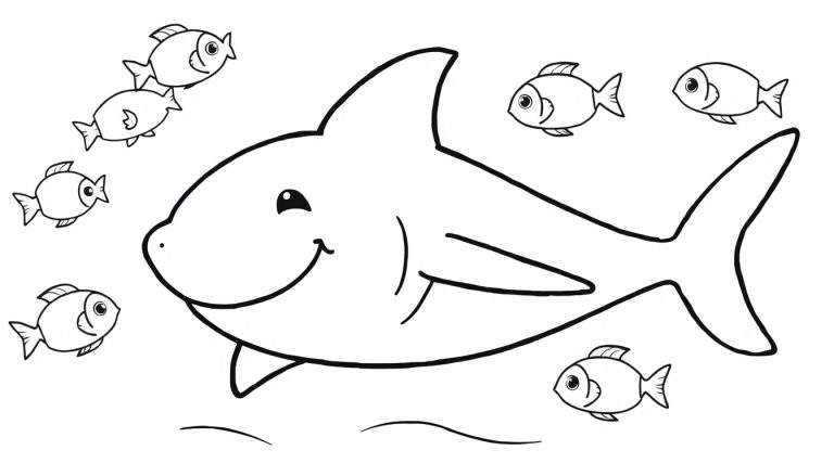A friendly shark ready for a color panel adventure, surrounded by little fish friends.