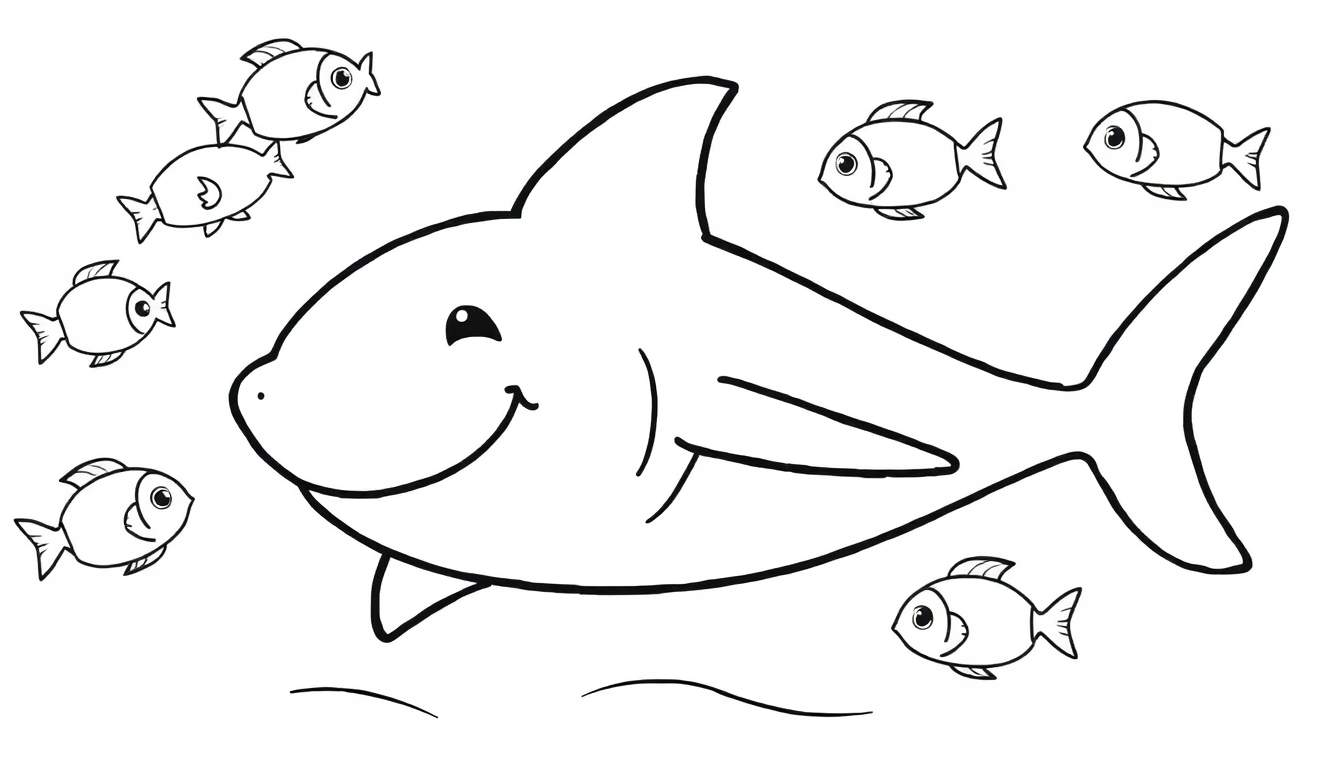 A friendly shark ready for a color panel adventure, surrounded by little fish friends.