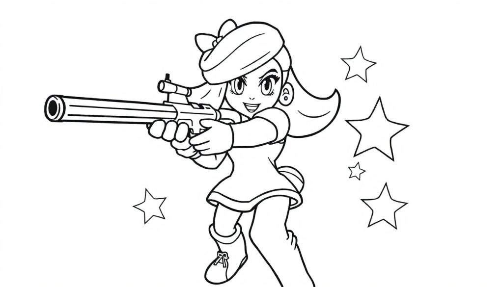 A cute black and white coloring page of Shelly from Brawl Stars ready to shoot with her super, surrounded by stars, in a color panel.