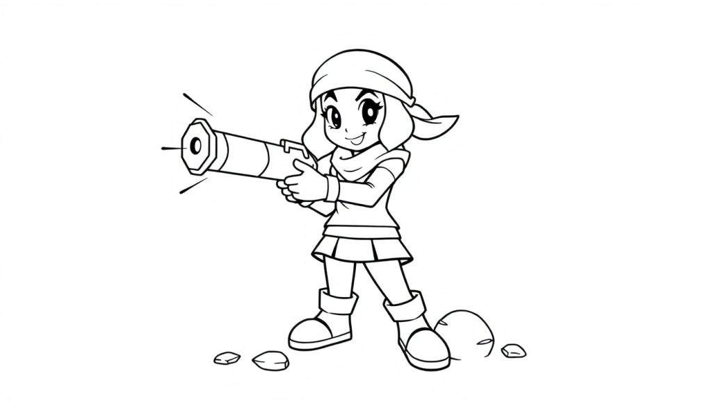 A cute black and white coloring page, a color panel of Shelly from Brawl Stars with her super ready to blast!