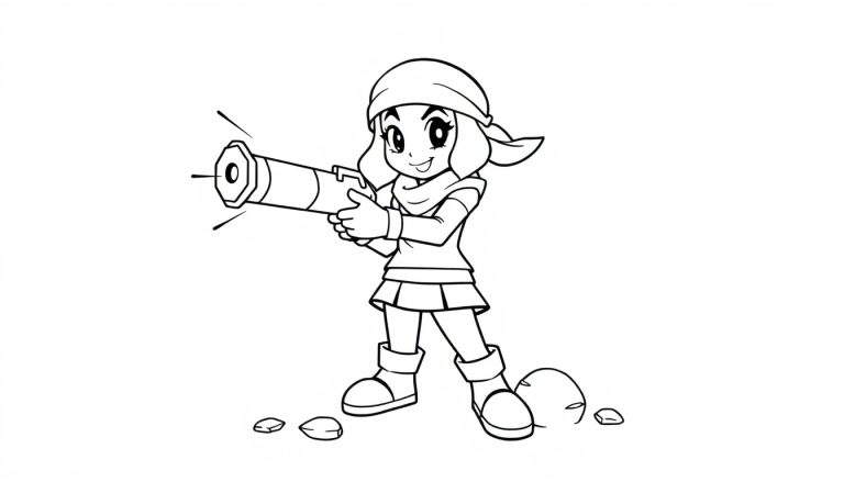 A cute black and white coloring page, a color panel of Shelly from Brawl Stars with her super ready to blast!