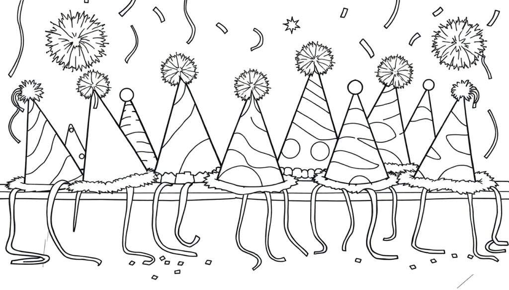 A black and white color panel showing eight silly party hats with pom-poms and streamers, ready for a celebration!