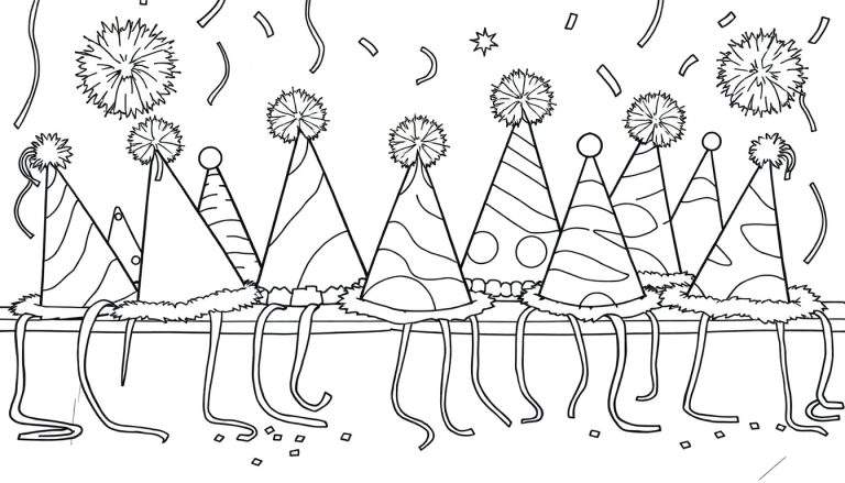 A black and white color panel showing eight silly party hats with pom-poms and streamers, ready for a celebration!