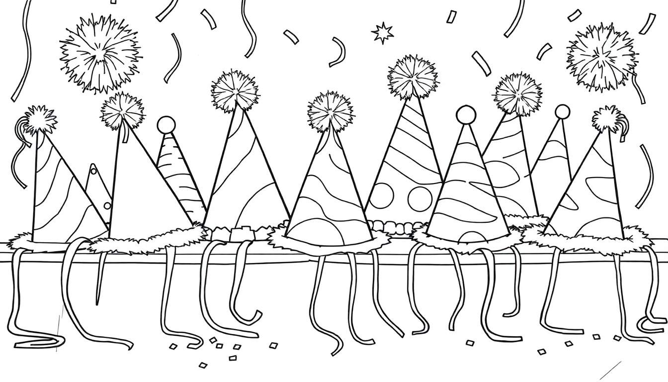 A black and white color panel showing eight silly party hats with pom-poms and streamers, ready for a celebration!