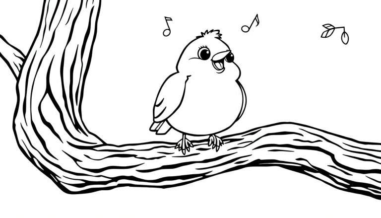 A cute robin in a black and white color panel, singing on a branch.