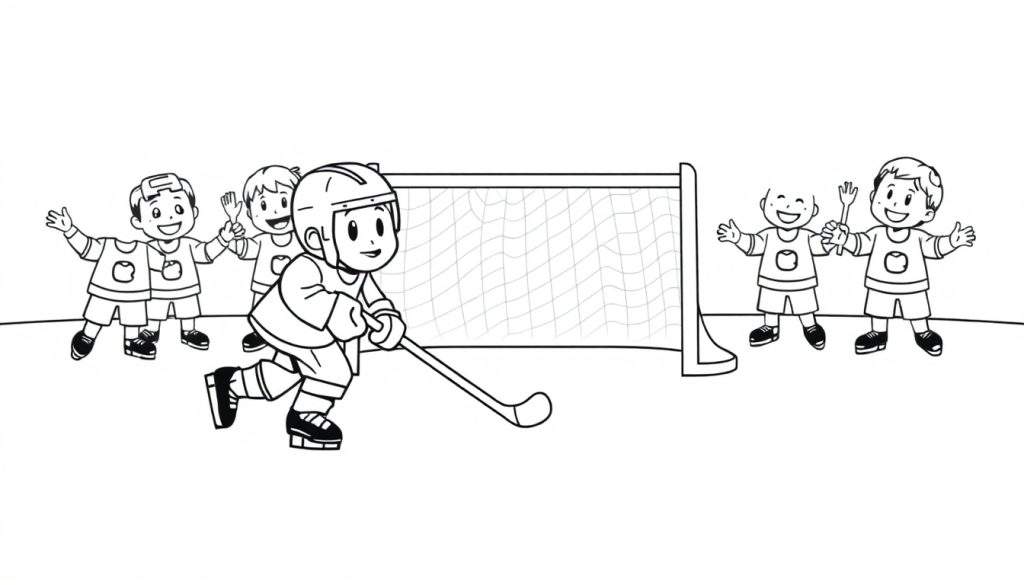A cute cartoon hockey player with a blue jersey sliding on the ice, hitting a red puck into a net. Other happy cartoon players in colorful jerseys cheer.