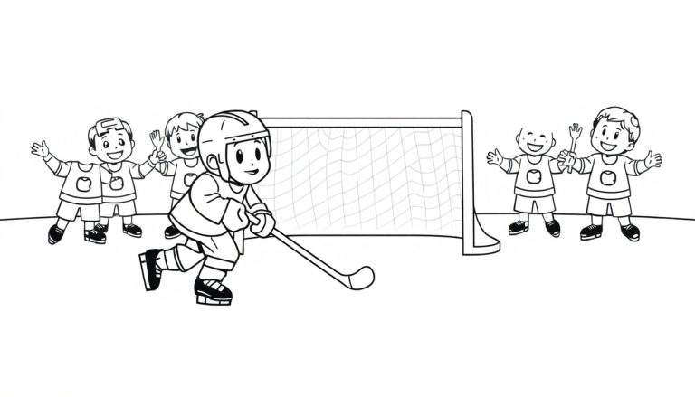 A cute cartoon hockey player with a blue jersey sliding on the ice, hitting a red puck into a net. Other happy cartoon players in colorful jerseys cheer.