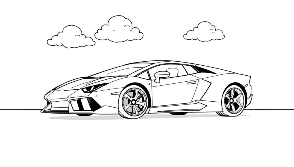 A black and white line drawing of a sleek sports car, ready for a color panel.