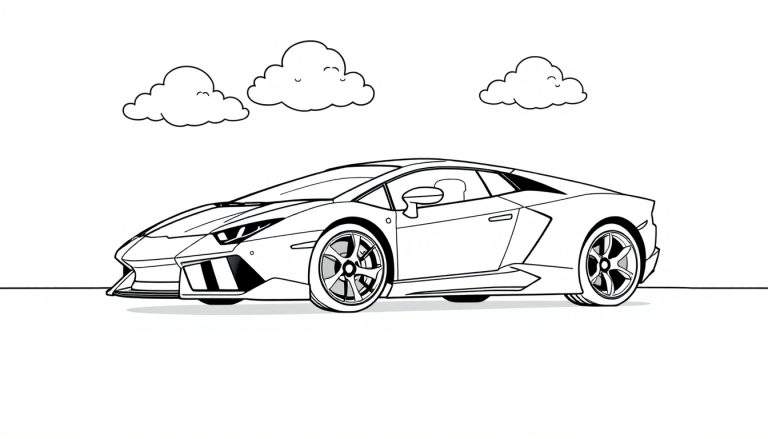 A black and white line drawing of a sleek sports car, ready for a color panel.
